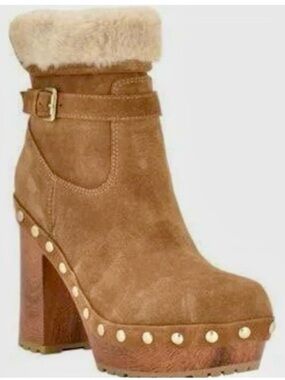 Guess Women's Damina Platform Wood Clog Booties boots suede tan sz 9